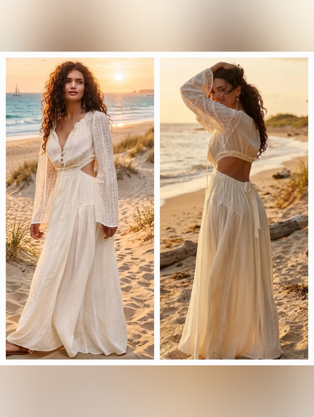 Bohemian Cream Lace Cutout Maxi Dress